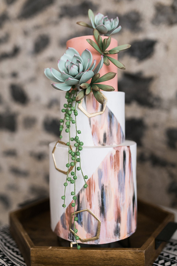 Wedding Cakes - Geometrical Pink And White Cake With Succulent Plants