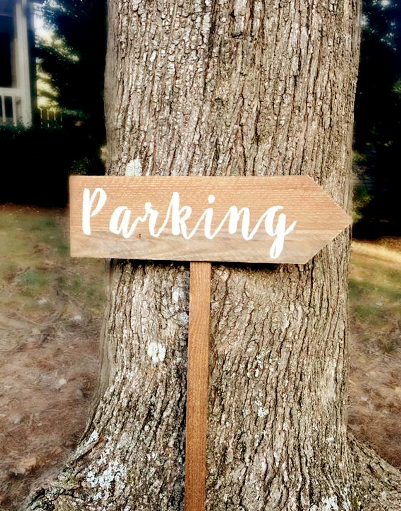 Wedding Signs - Wooden Parking Sign Against A Tree