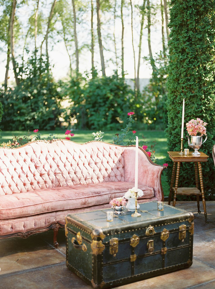 Granny Chic Wedding - Pink Velvet Couch And Trunk Table